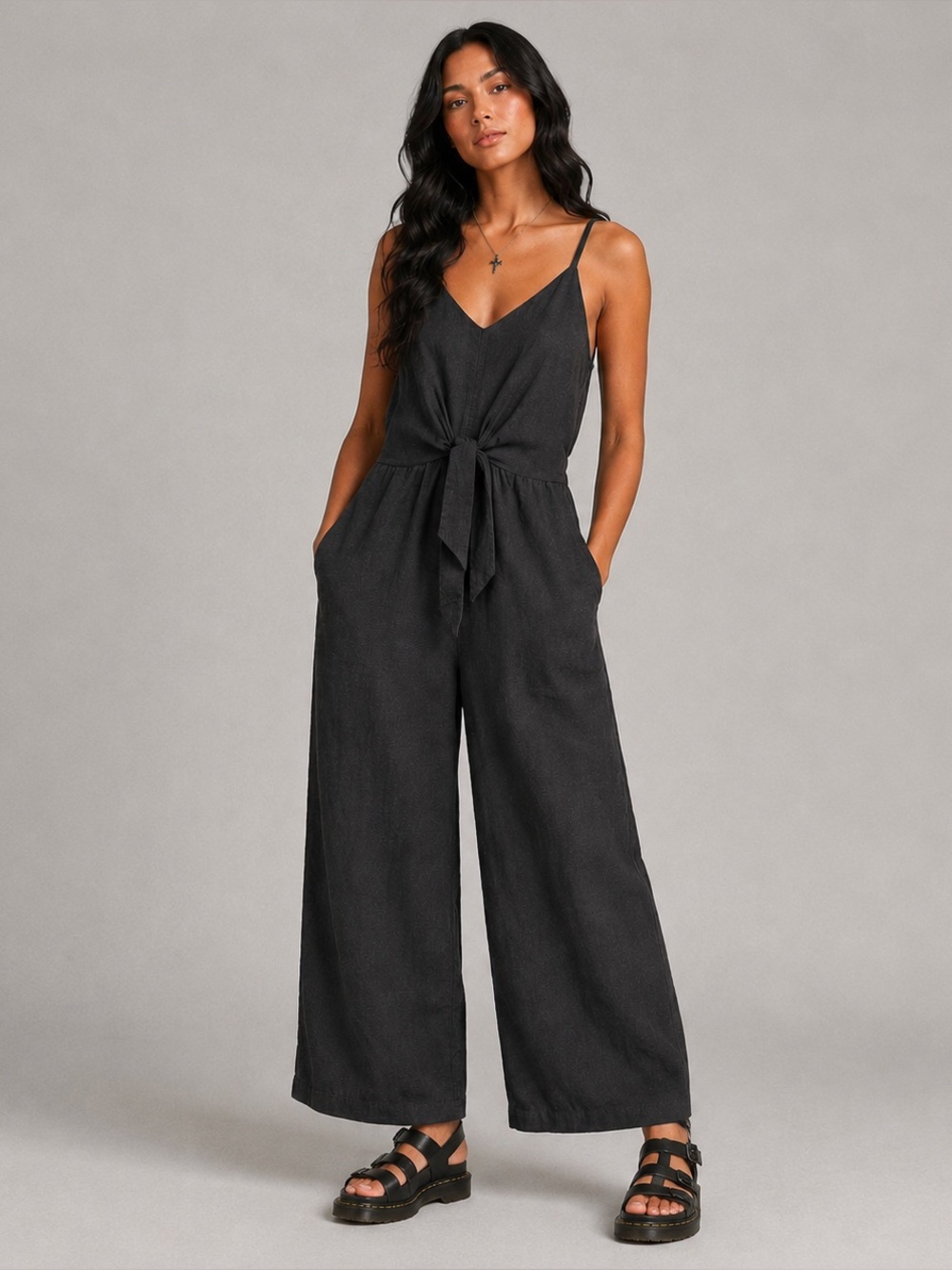 Simply‎ Vera linen blend jumpsuit size Large wide leg black pockets chic event